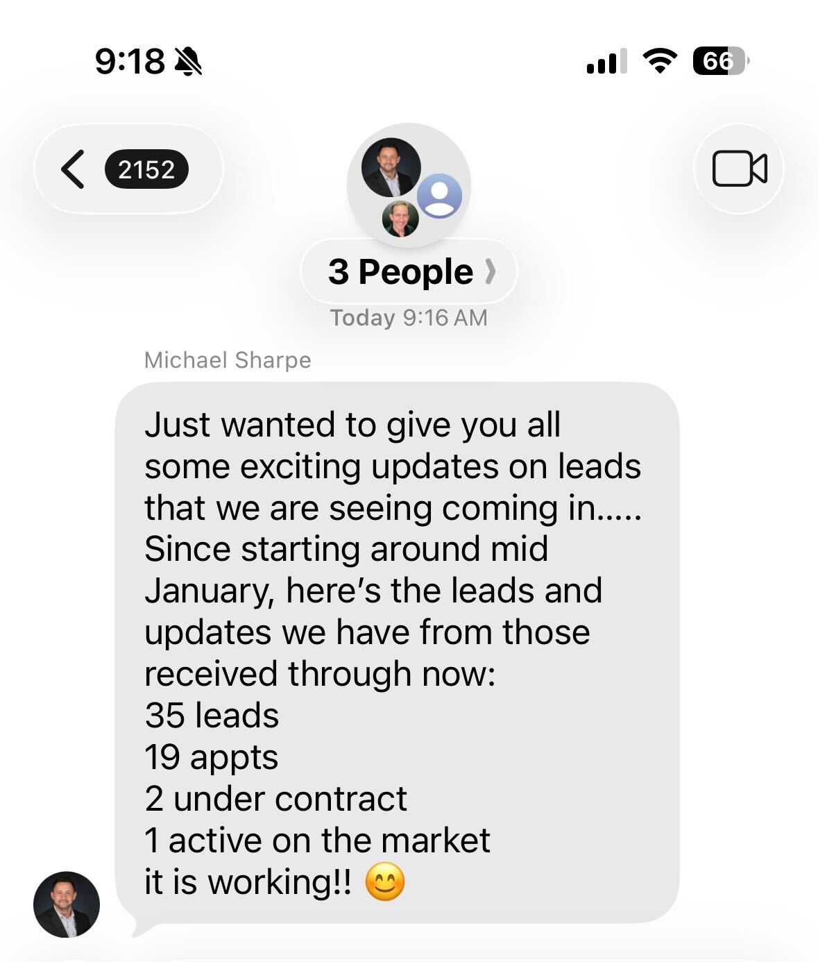 March client update screenshot reporting leads, appointments, transactions and an active listing.