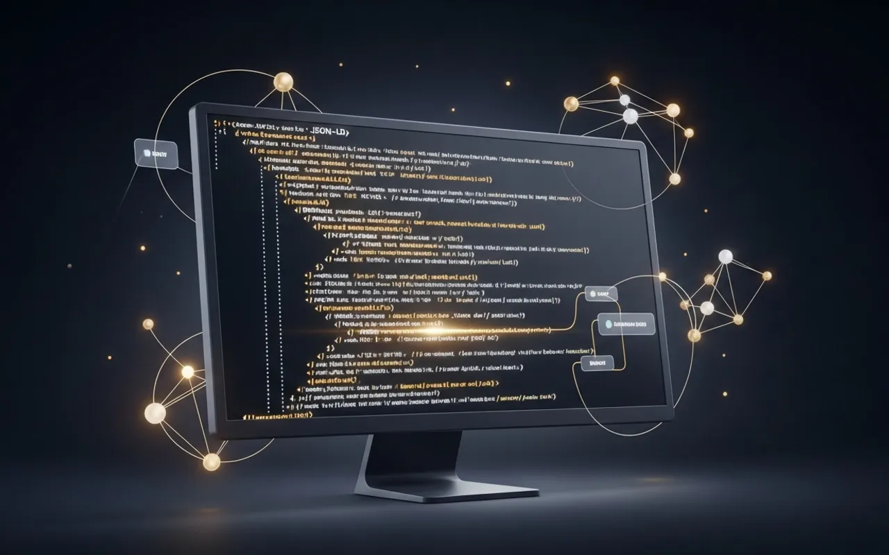 Abstract editorial illustration: glowing JSON-LD code on a dark display with knowledge graph nodes radiating around it - the entity-relationship layer AI search engines parse.