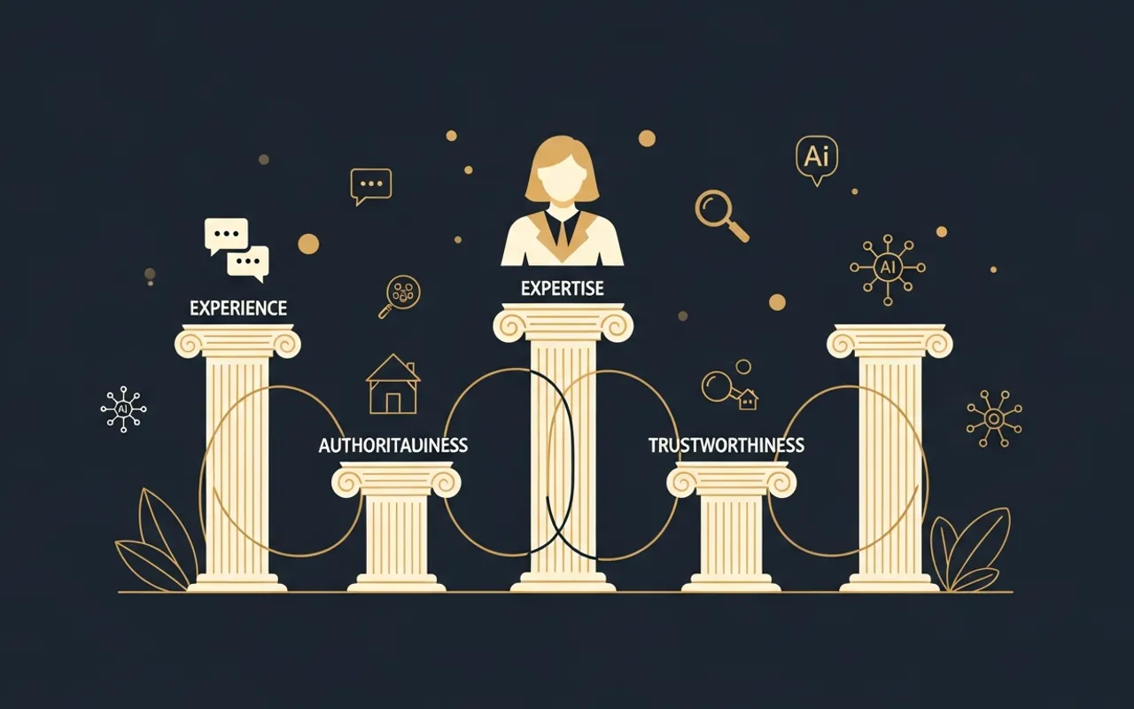 Editorial illustration of EEAT pillars (Experience, Expertise, Authoritativeness, Trustworthiness) supporting a real estate agent entity cited by AI search engines like ChatGPT, Perplexity, and Gemini