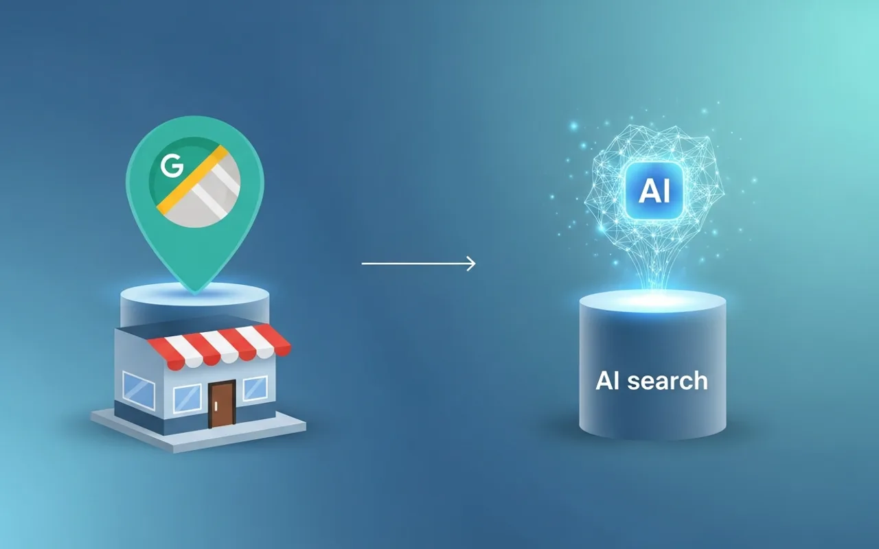 Stylized comparison of a local-map pin atop a small storefront and an AI search neural node, illustrating Local SEO versus AI Search Optimization.