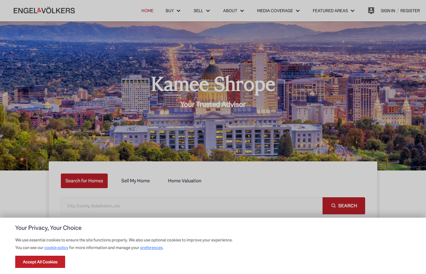 Live homepage screenshot of Kamee Shrope Realty in Salt Lake City, UT