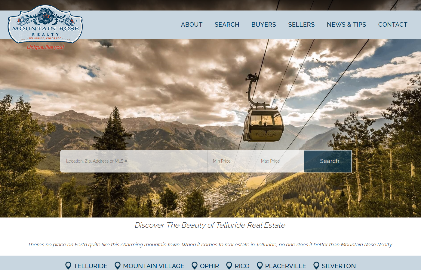 Live homepage screenshot of Mountain Rose Realty in Telluride, CO
