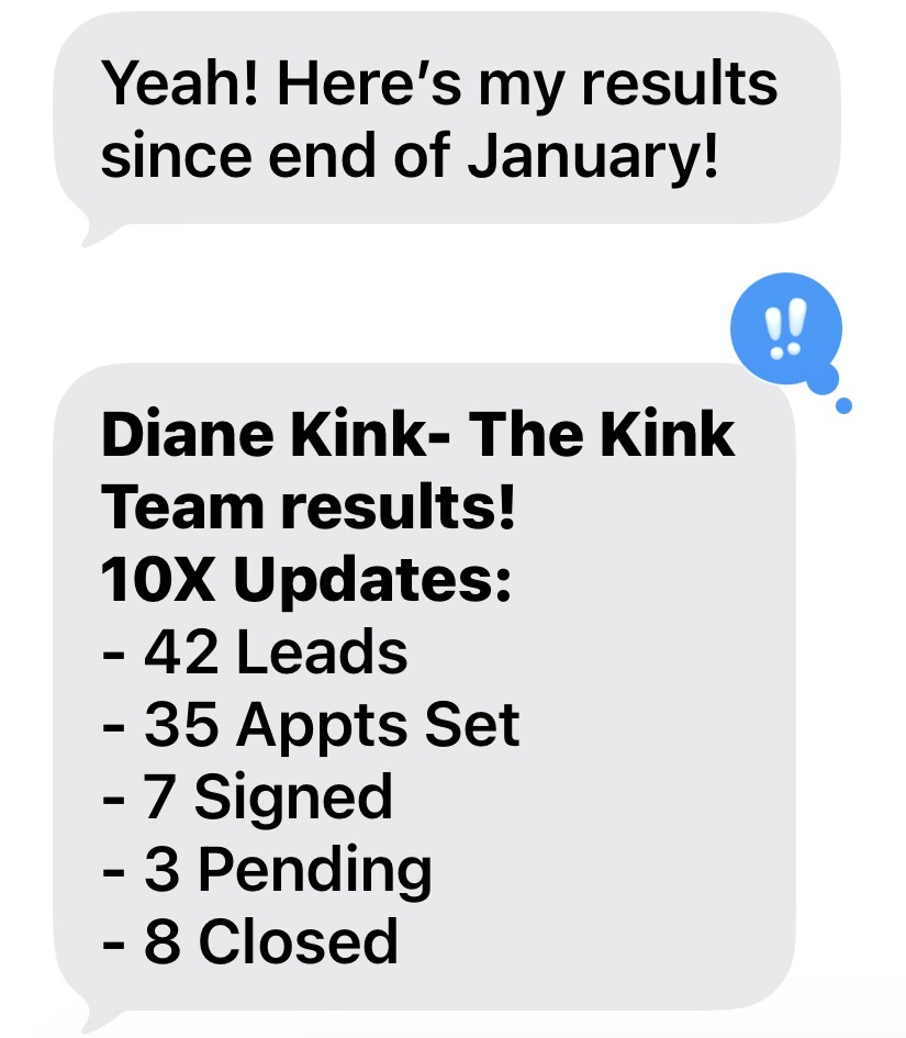 Diane Kink reports 42 leads, 35 appointments set, 7 signed, 3 pending, and 8 closed