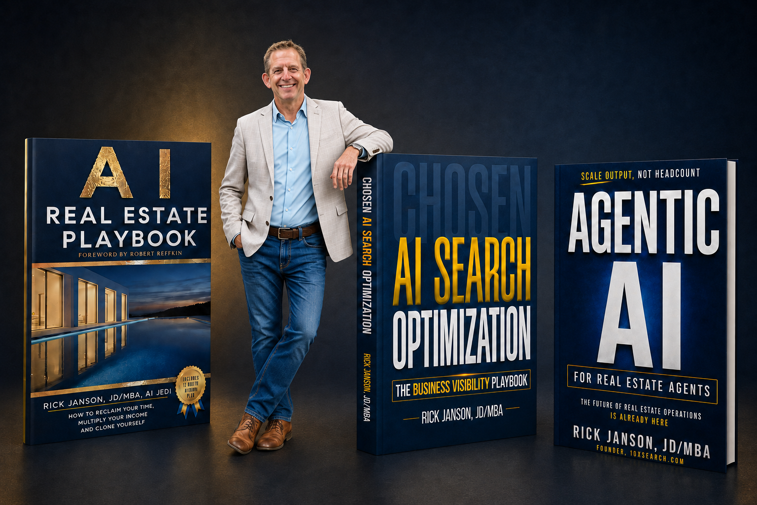 Rick Janson, JD, MBA, with copies of his books on AI search optimization.